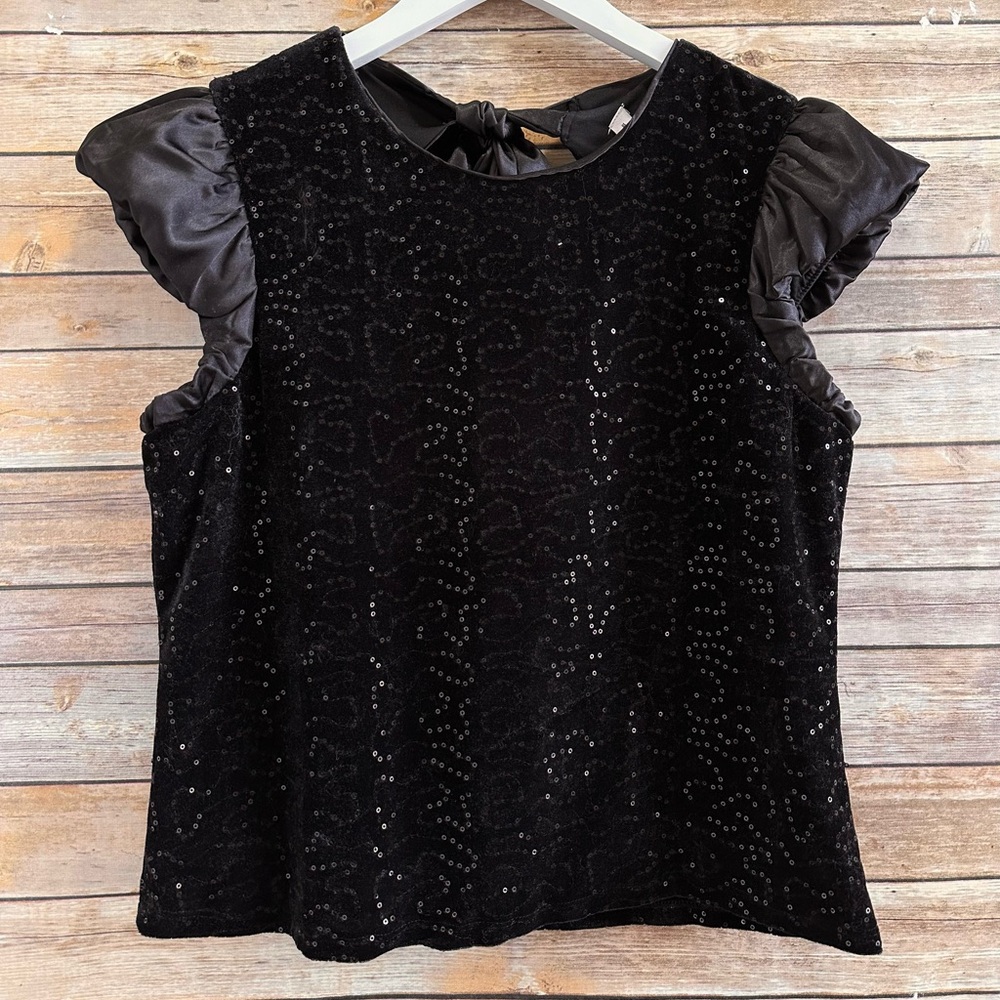Nanette Lepore Blouse Women’s Size Medium Black Sequin Velvet Satin Tie Back NWT